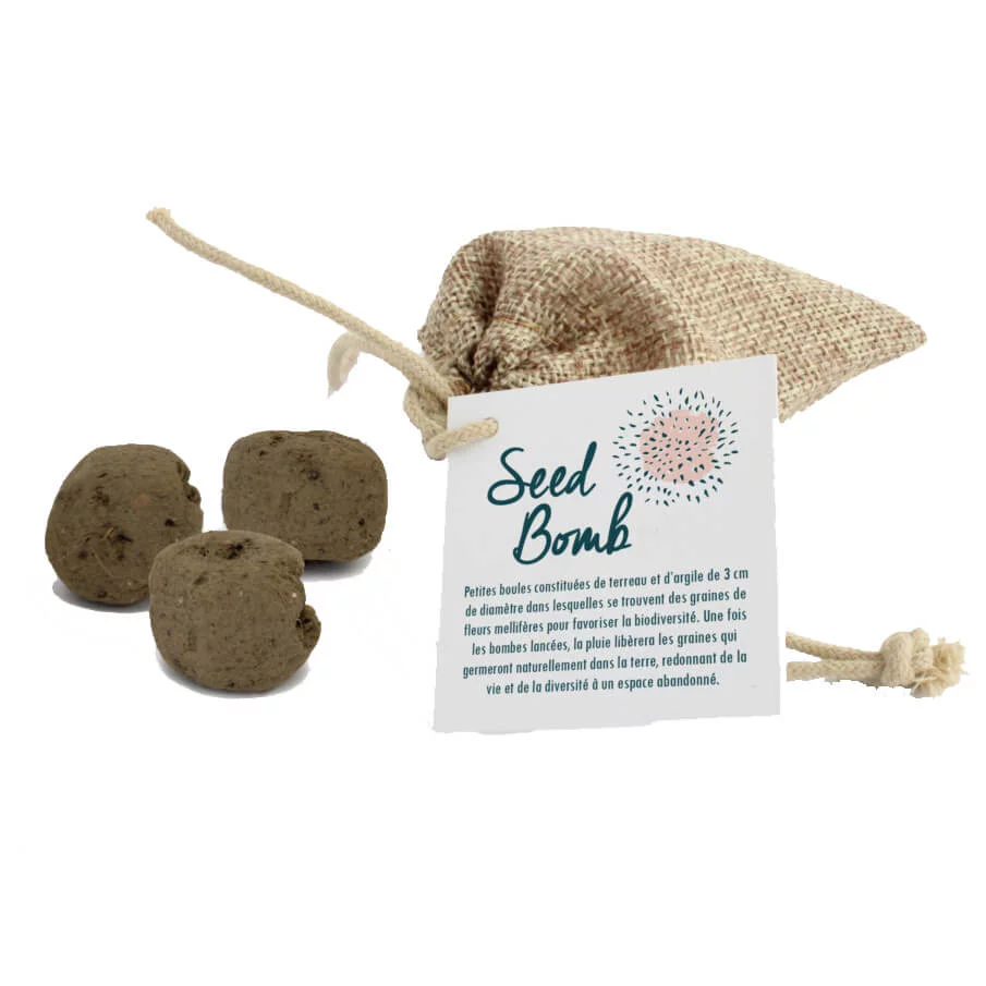 3 bombes à graines dans pochon en toile bisonne – BOMBES POCHON – Image 2